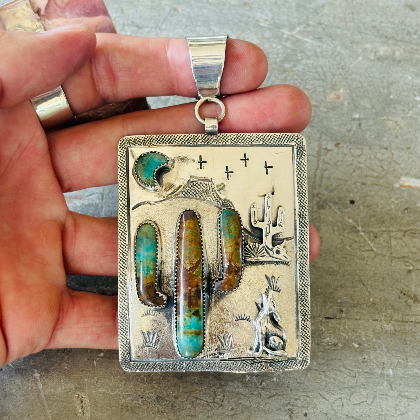 Navajo Hemerson Brown Sterling Silver & Kingman Turquoise Cactus Pendant