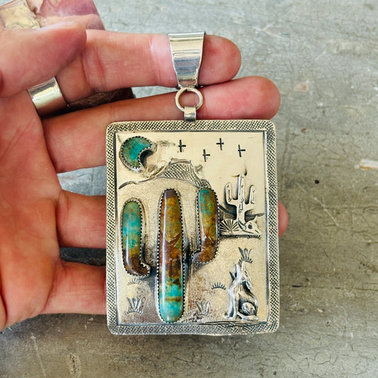 Navajo Hemerson Brown Sterling Silver & Kingman Turquoise Cactus Pendant