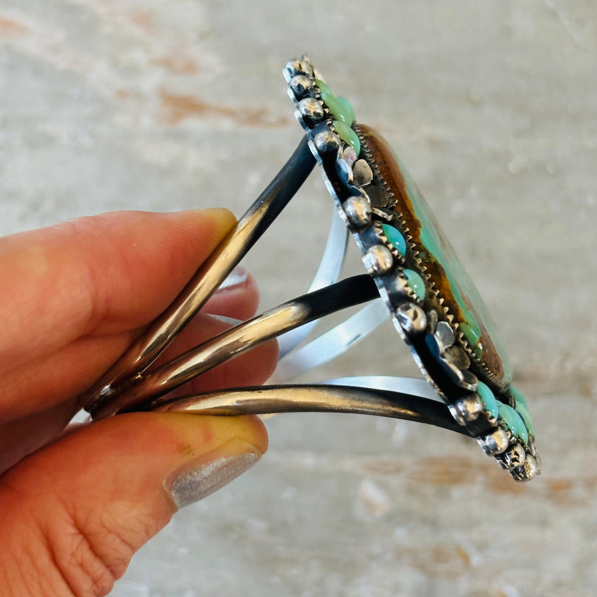 Navajo Marcus Chavez Sterling Silver & Kingman Turquoise Floral Statement Cuff