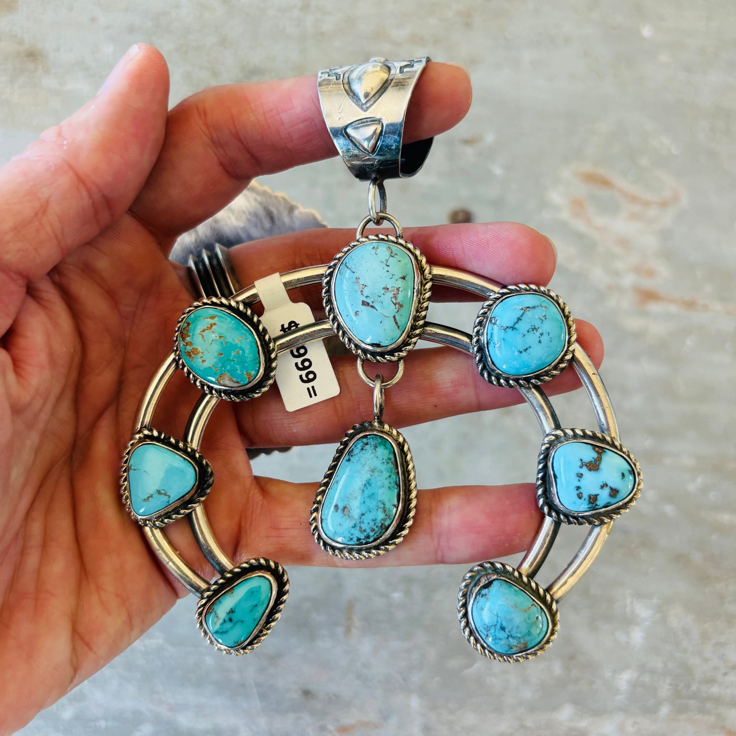 Navajo Jacob Troncosa Sterling Silver & Kingman Turquoise Naja Pendant