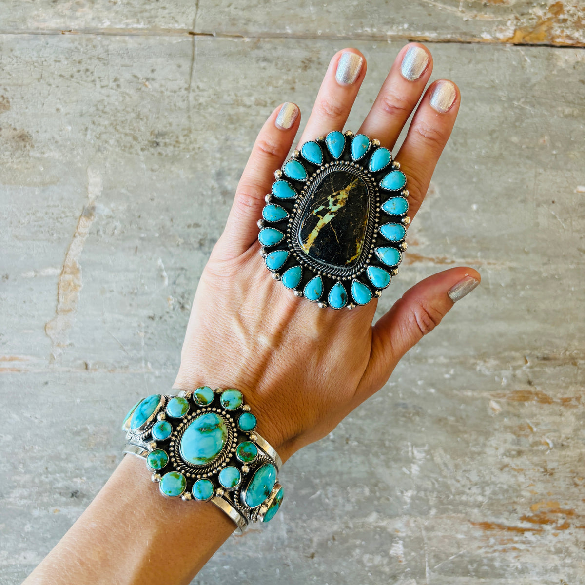 Navajo Hemerson Brown Sterling Silver & Blackjack - Kingman Turquoise Cluster Ring