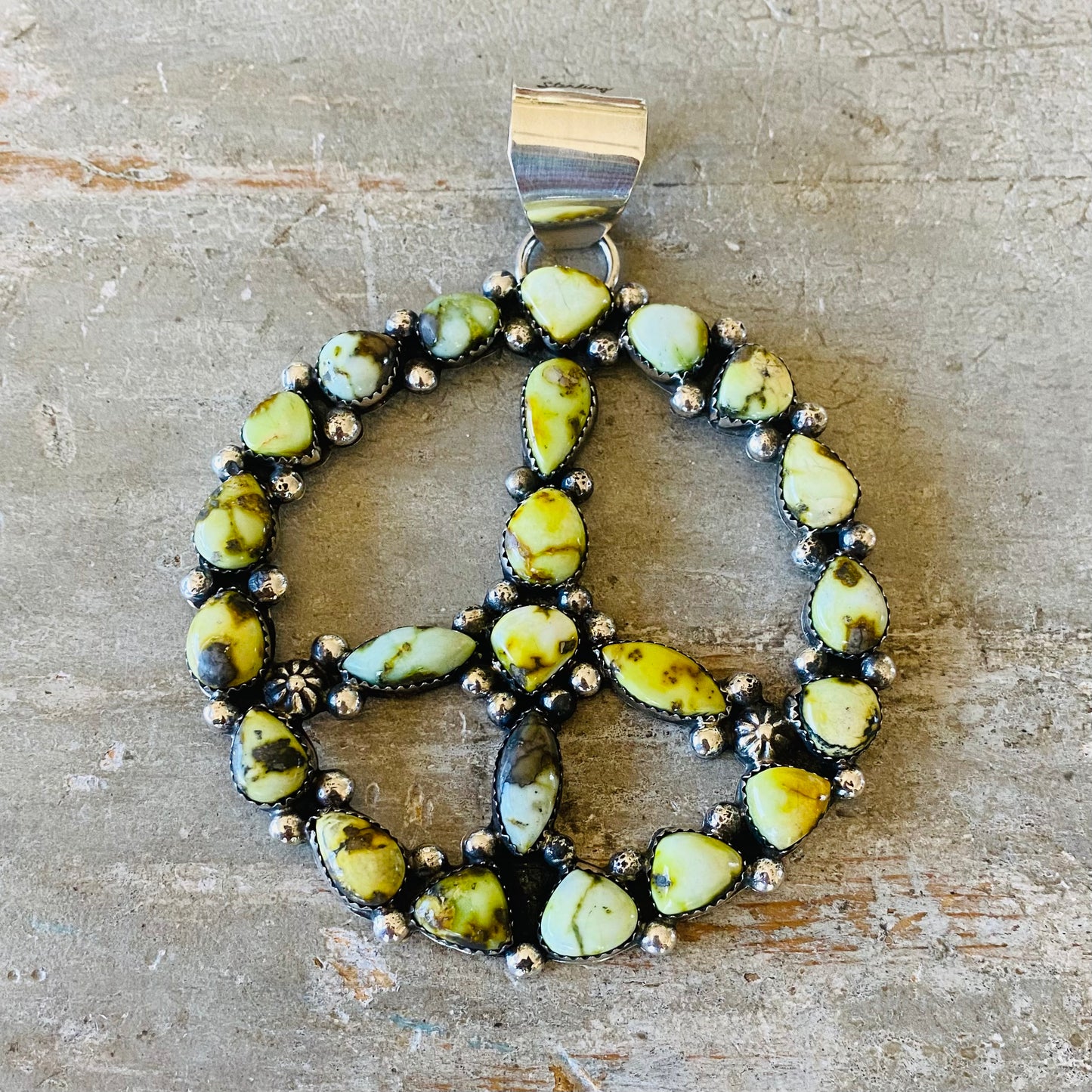 Navajo Lorenzo & Jerilyn Chee Sterling Silver & Palomino Variscite Peace Sign Pendant