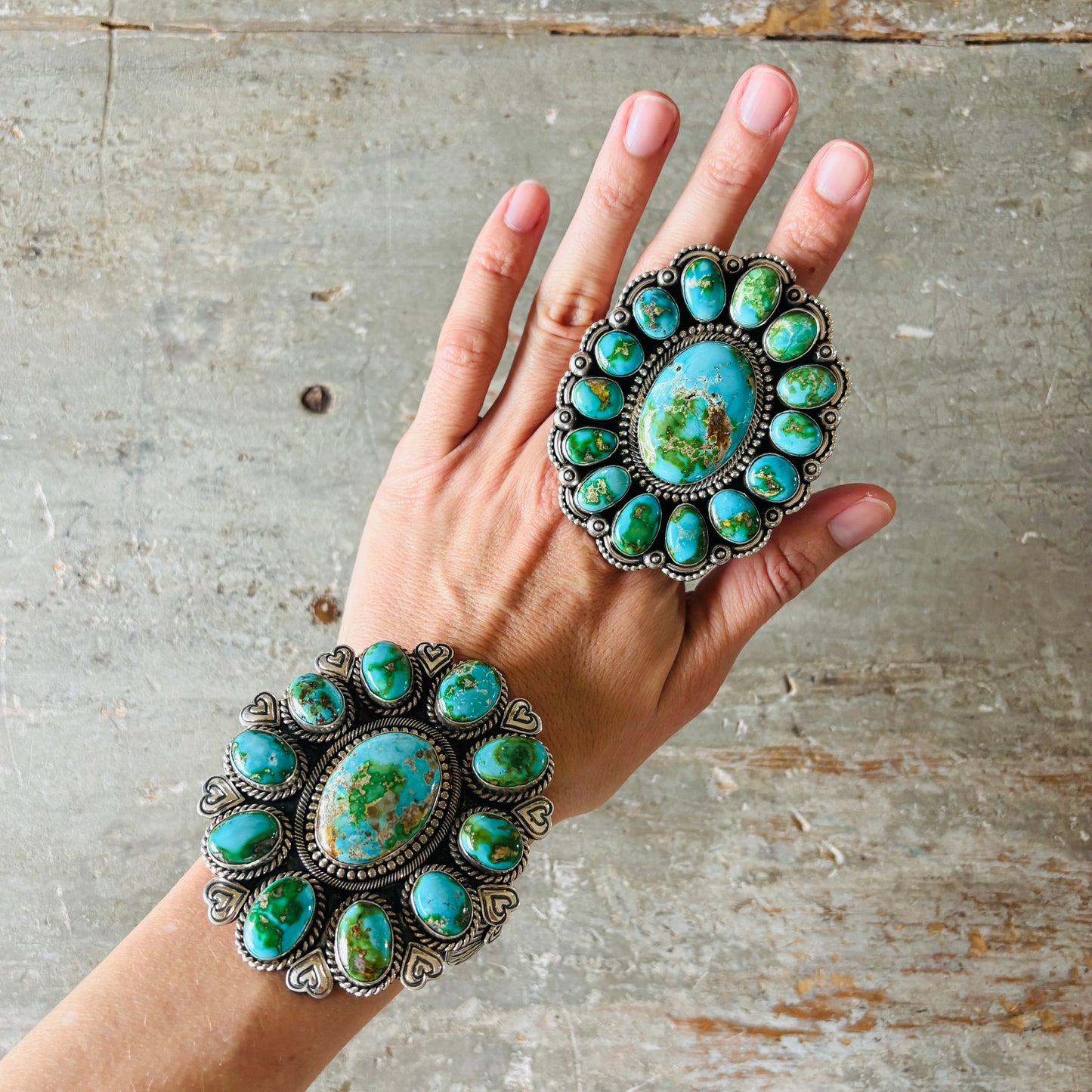 Navajo Hemerson Brown Sterling Silver & Sonoran Turquoise Cluster Statement Ring