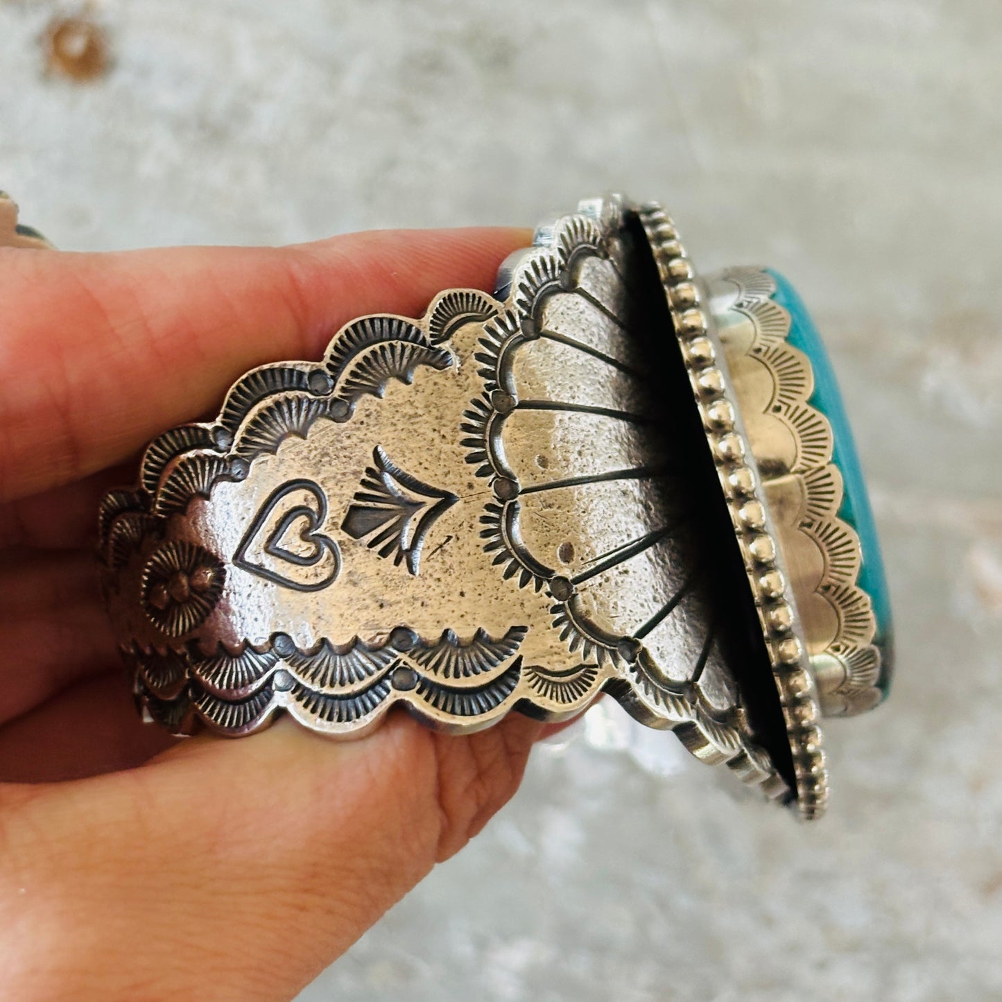 Navajo Glenn Livingston Sterling Silver & Kingman Turquoise Hearts Tufa Cast Cuff