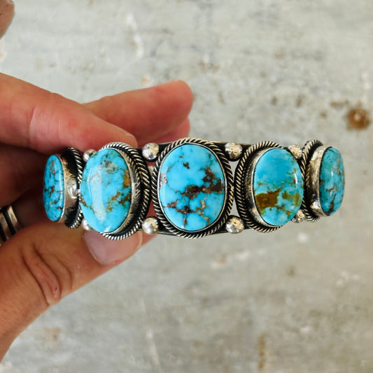 Navajo Hemerson Brown Sterling Silver & Web Kingman Turquoise Five Stone Cuff