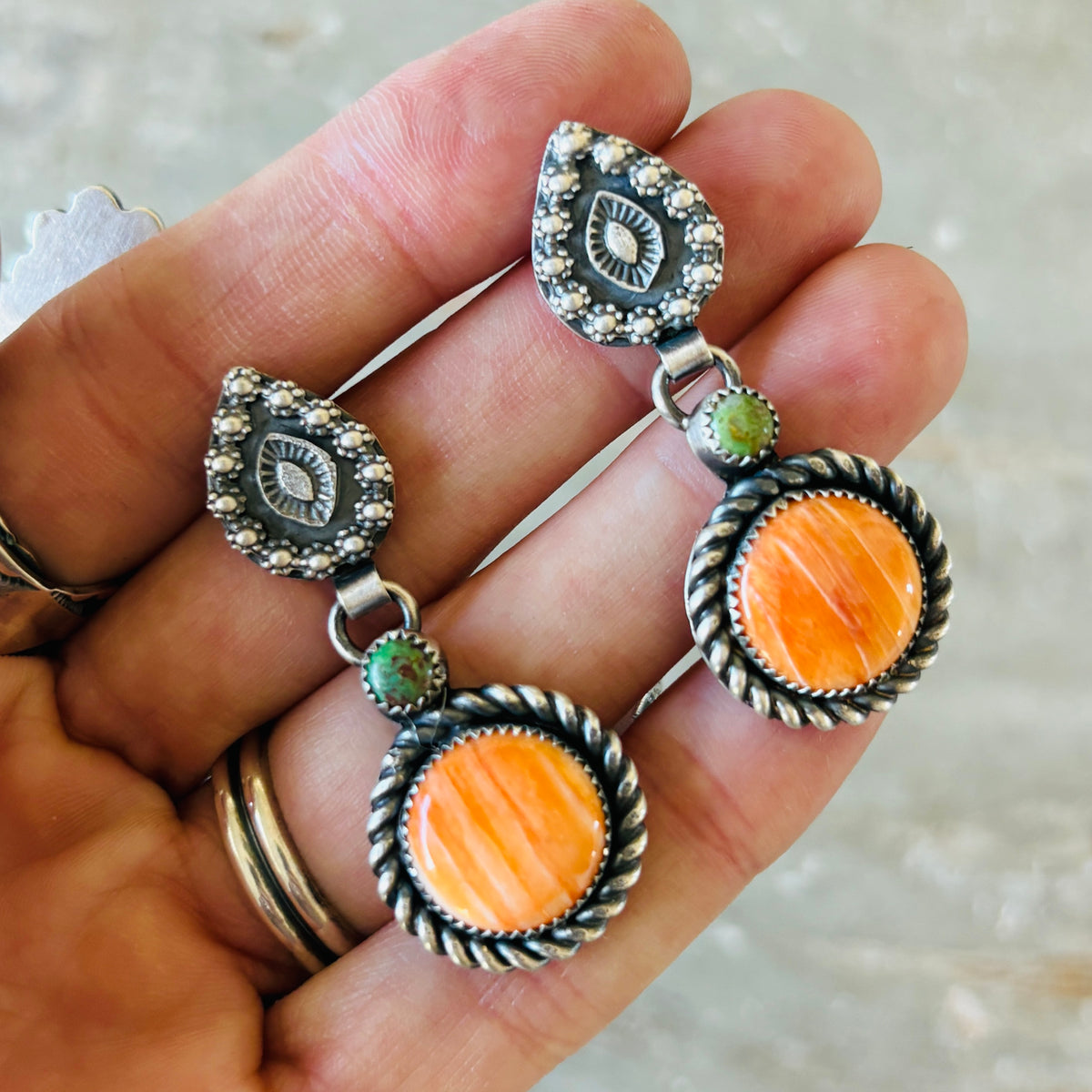 Navajo Kindale Billah Sterling Silver - Orange Spiny Oyster & Turquoise Pumpkin Earrings