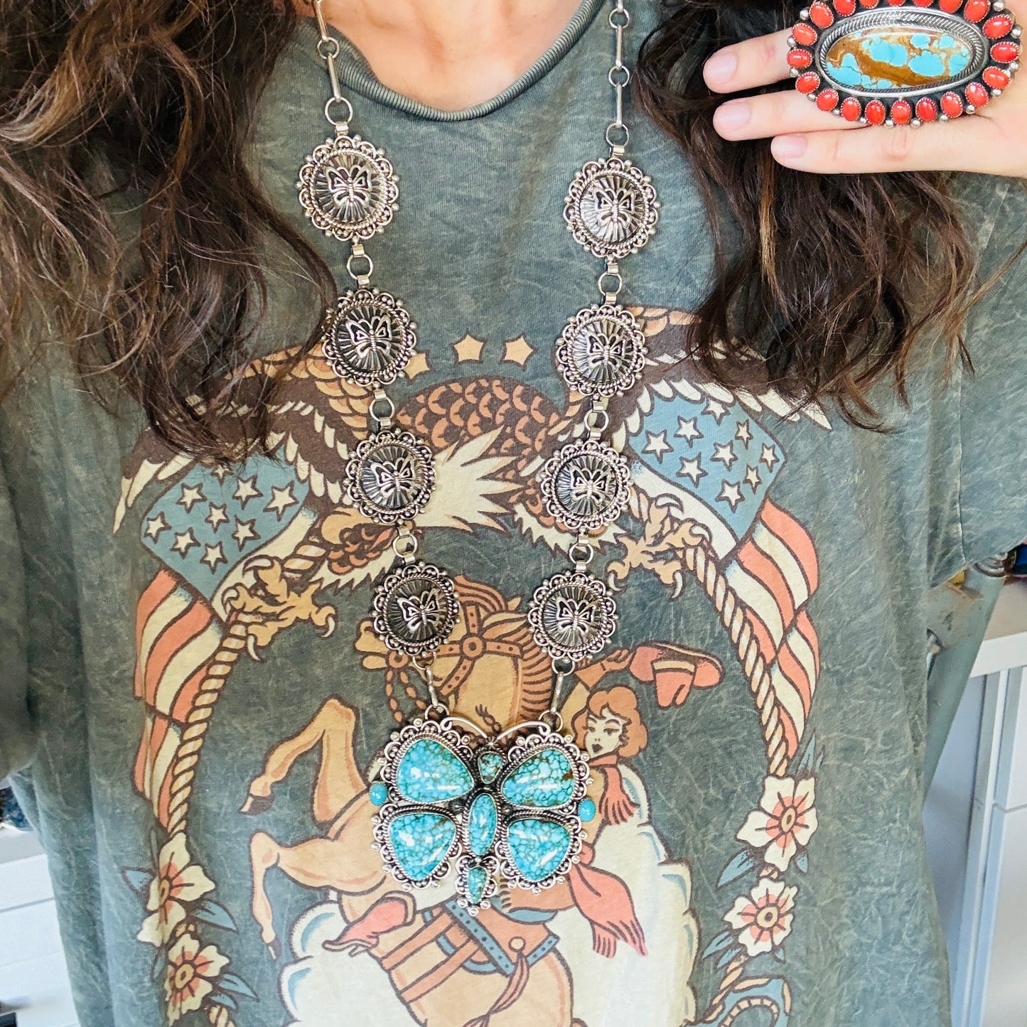 Navajo Hemerson Brown Sterling Silver & Web Kingman Butterfly Concho Statement Necklace Set
