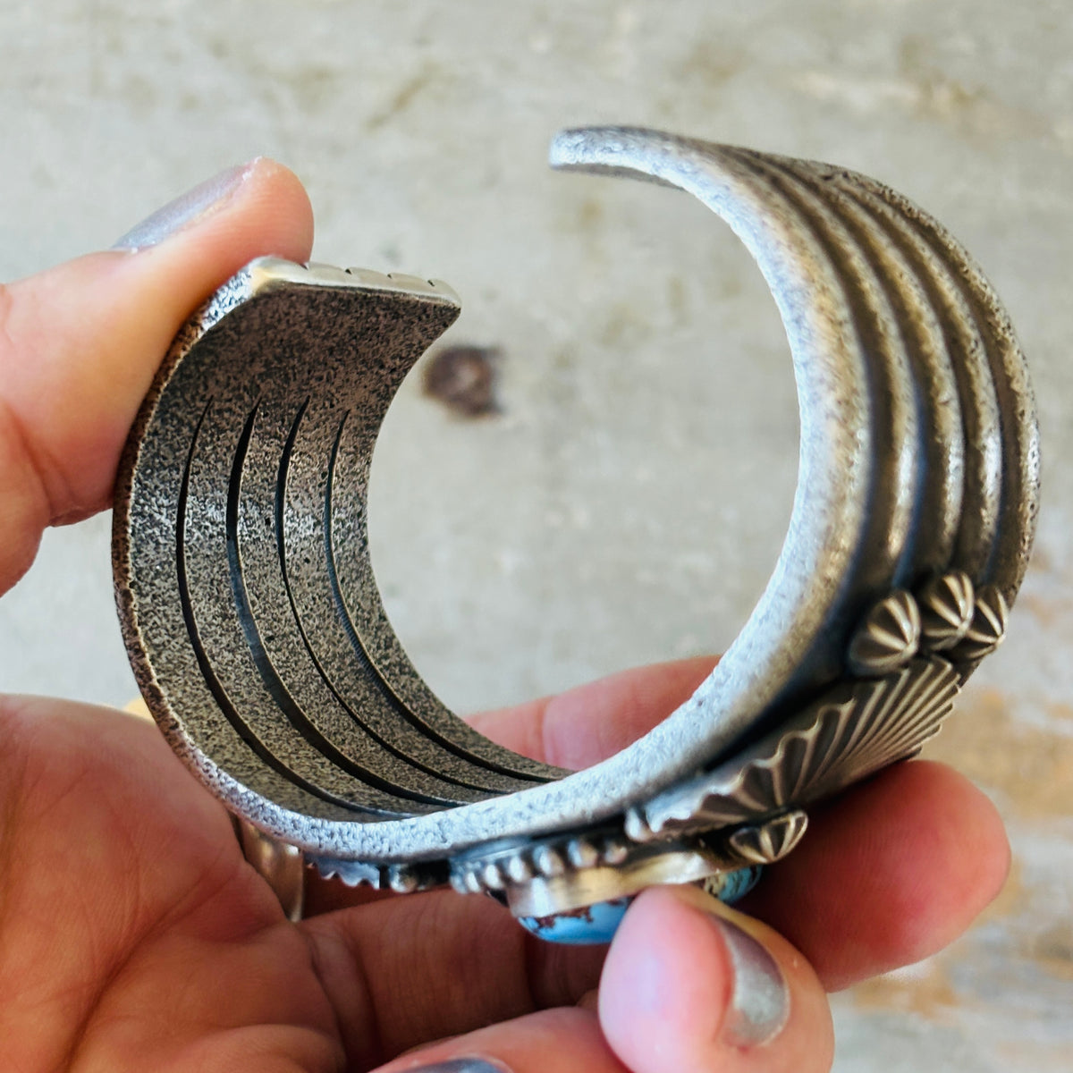 Navajo Herman Smith Sterling Silver & Golden Hills Turquoise Tufa Cast Cuff