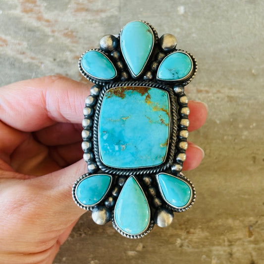 Navajo Reada Begay Sterling Silver & Kingman Turquoise Cluster Statement Ring