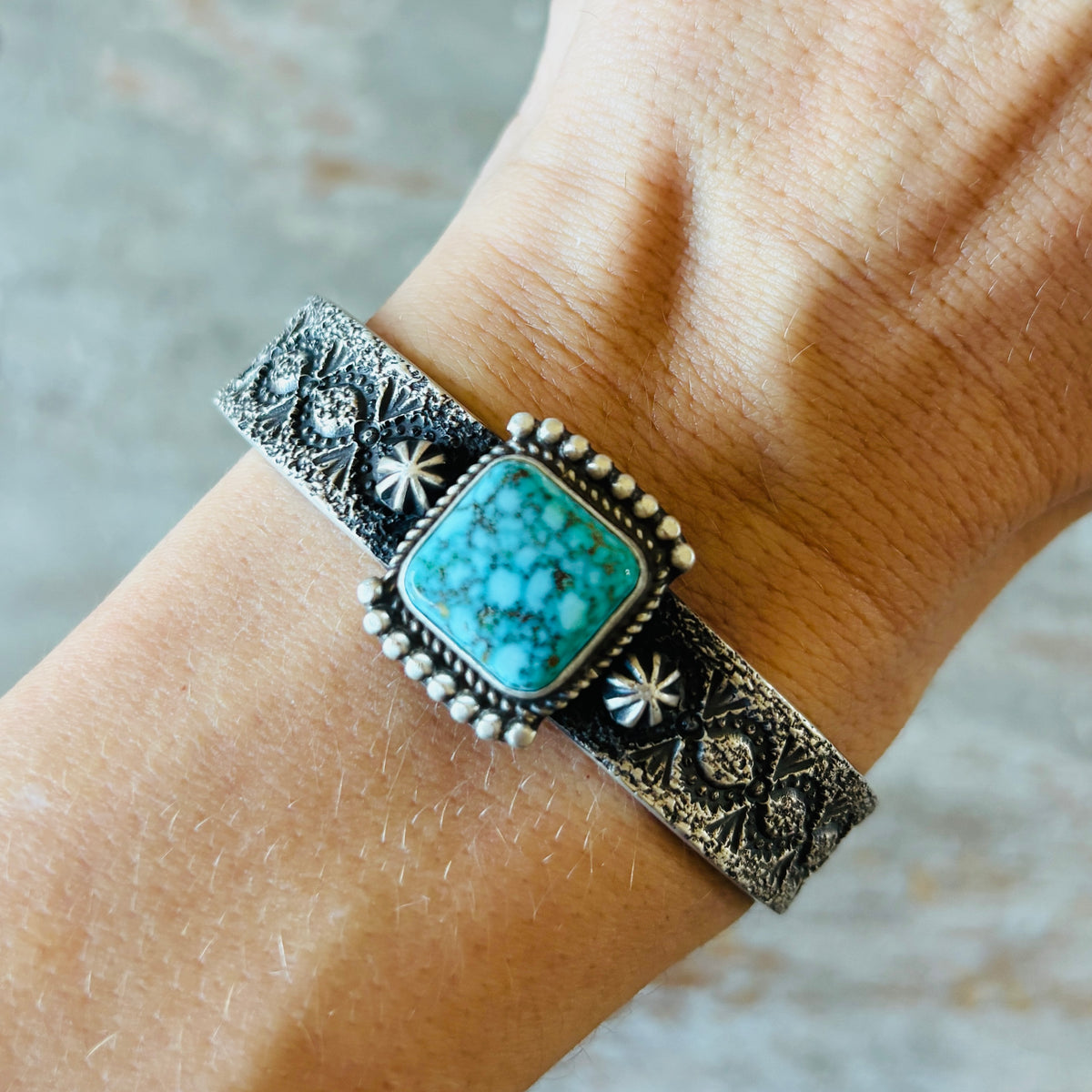 Navajo Herman Smith Sterling Silver & Web Kingman Turquoise Stacker Cuff