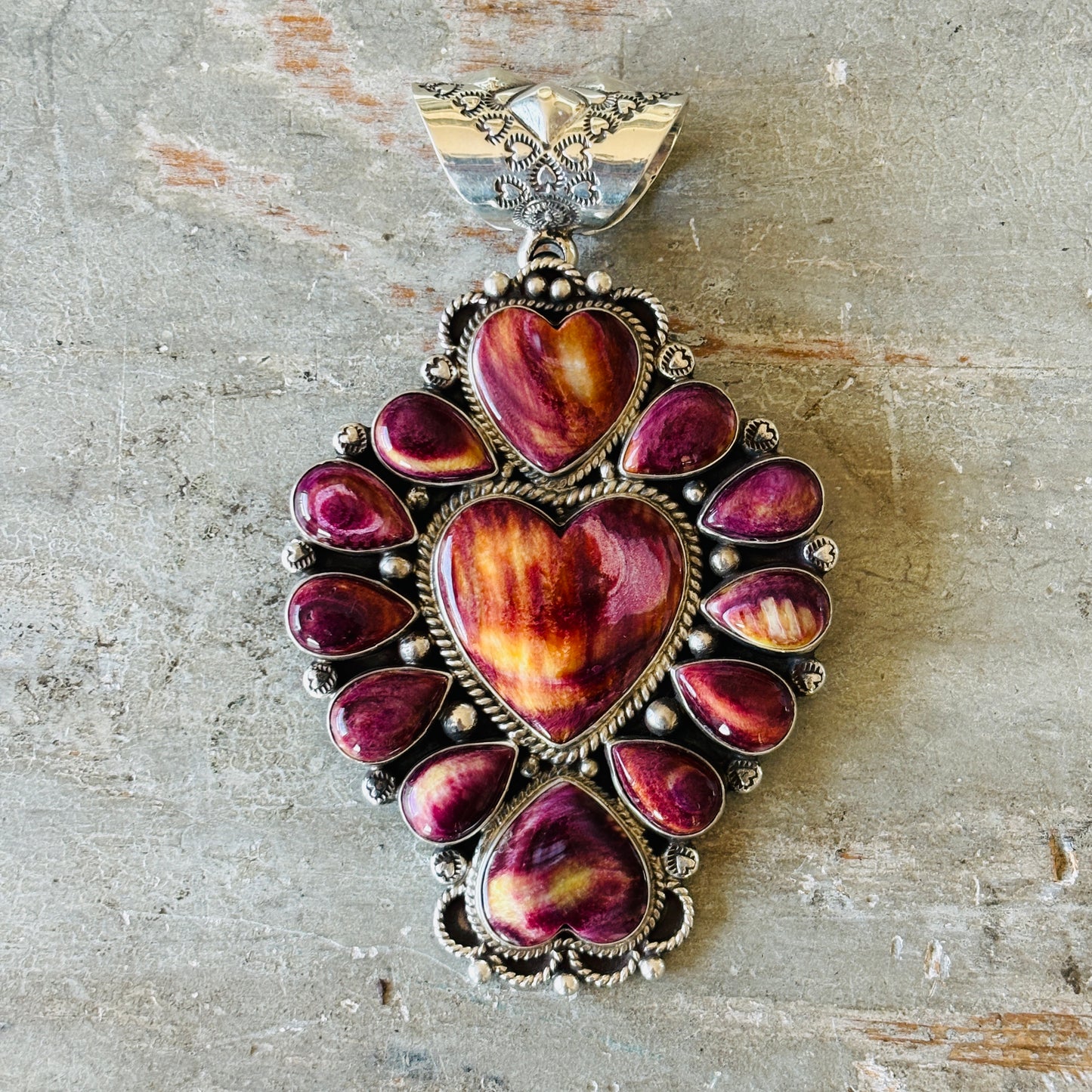 Navajo Tyler Brown Sterling Silver & Purple Spiny Hearts Statement Pendant