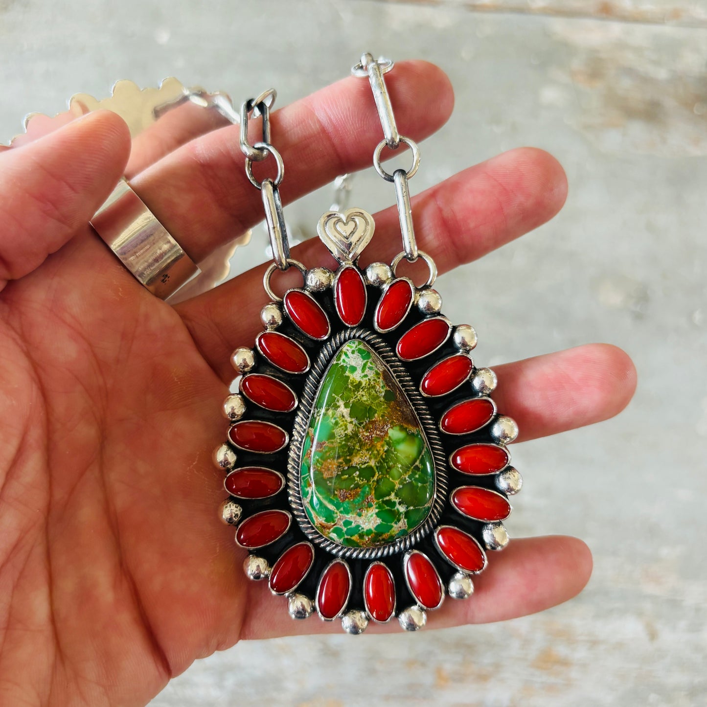 Navajo Hemerson Brown Sterling Silver - Red Coral & Sonoran Turquoise Cluster Heart Necklace