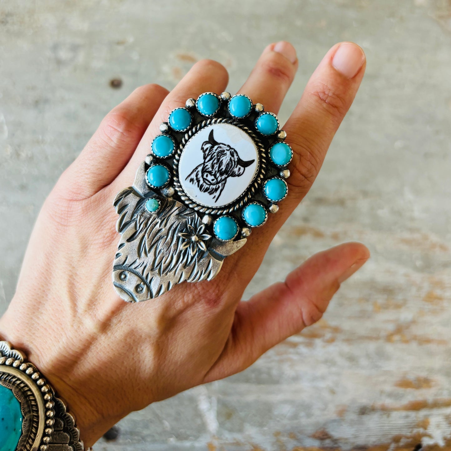 Navajo Kindale Billah Sterling Silver & Kingman Turquoise Highland Cow Ring
