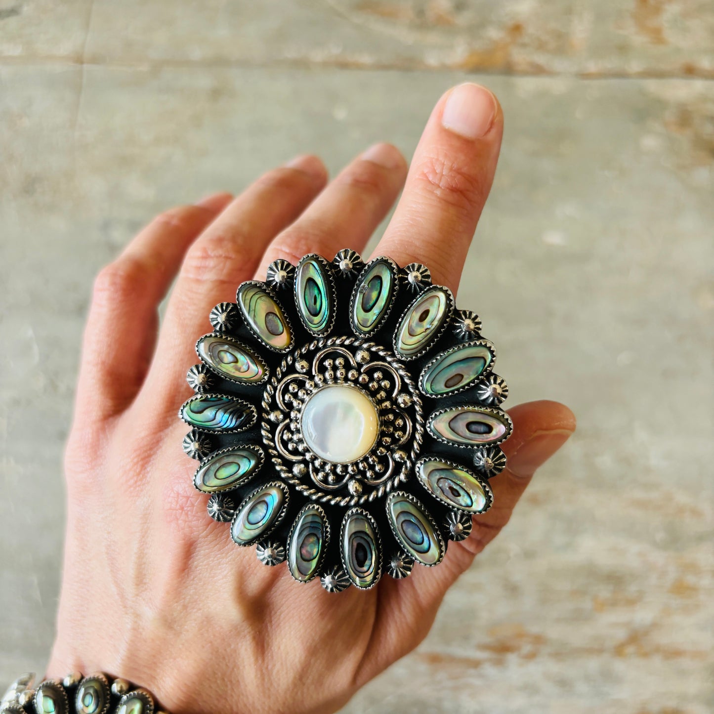 Navajo Hemerson Brown Sterling Silver - MOP & Abalone Shell Cluster Statement Ring