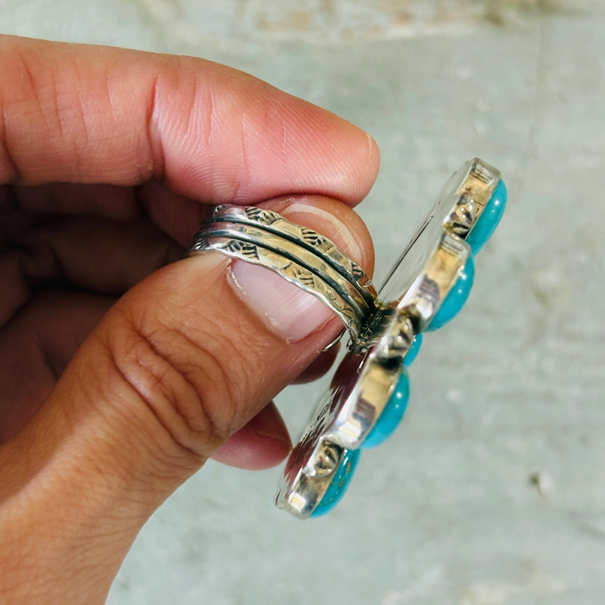 Navajo Aaron Talis Sterling Silver & Blue Ridge Turquoise Floral Cluster Ring