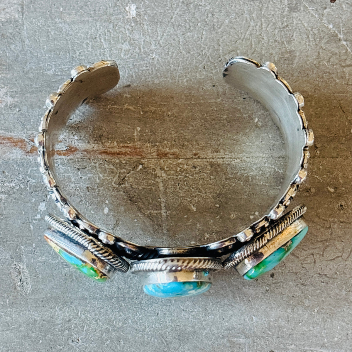 Navajo Hemerson Brown Sterling Silver & Sonoran Turquoise Three Stone Statement Cuff