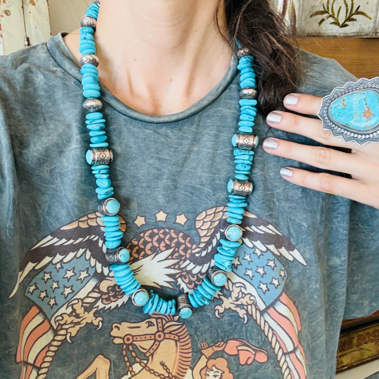 Navajo Allison Lee Sterling Silver & Kingman Turquoise Handmade Pearls Statement Necklace