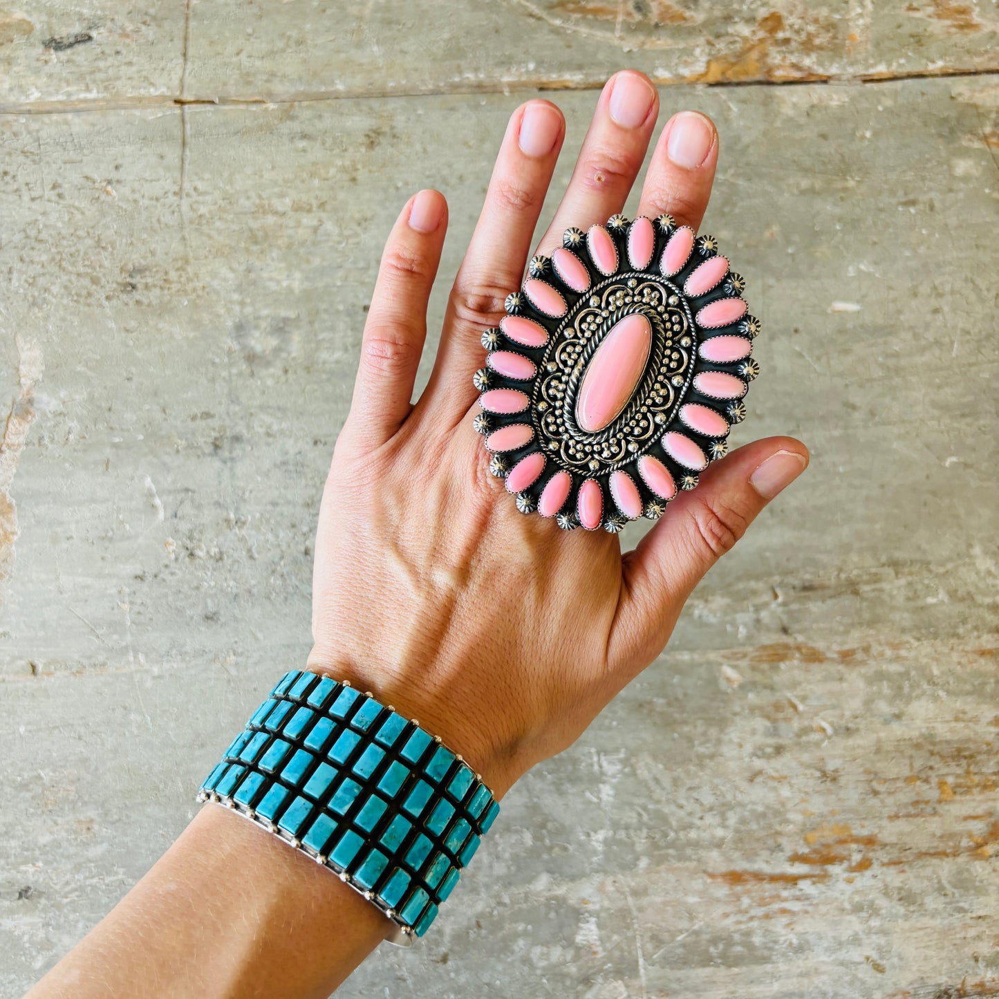 Navajo Hemerson Brown Sterling Silver & Pink Conch Cluster Statement Ring