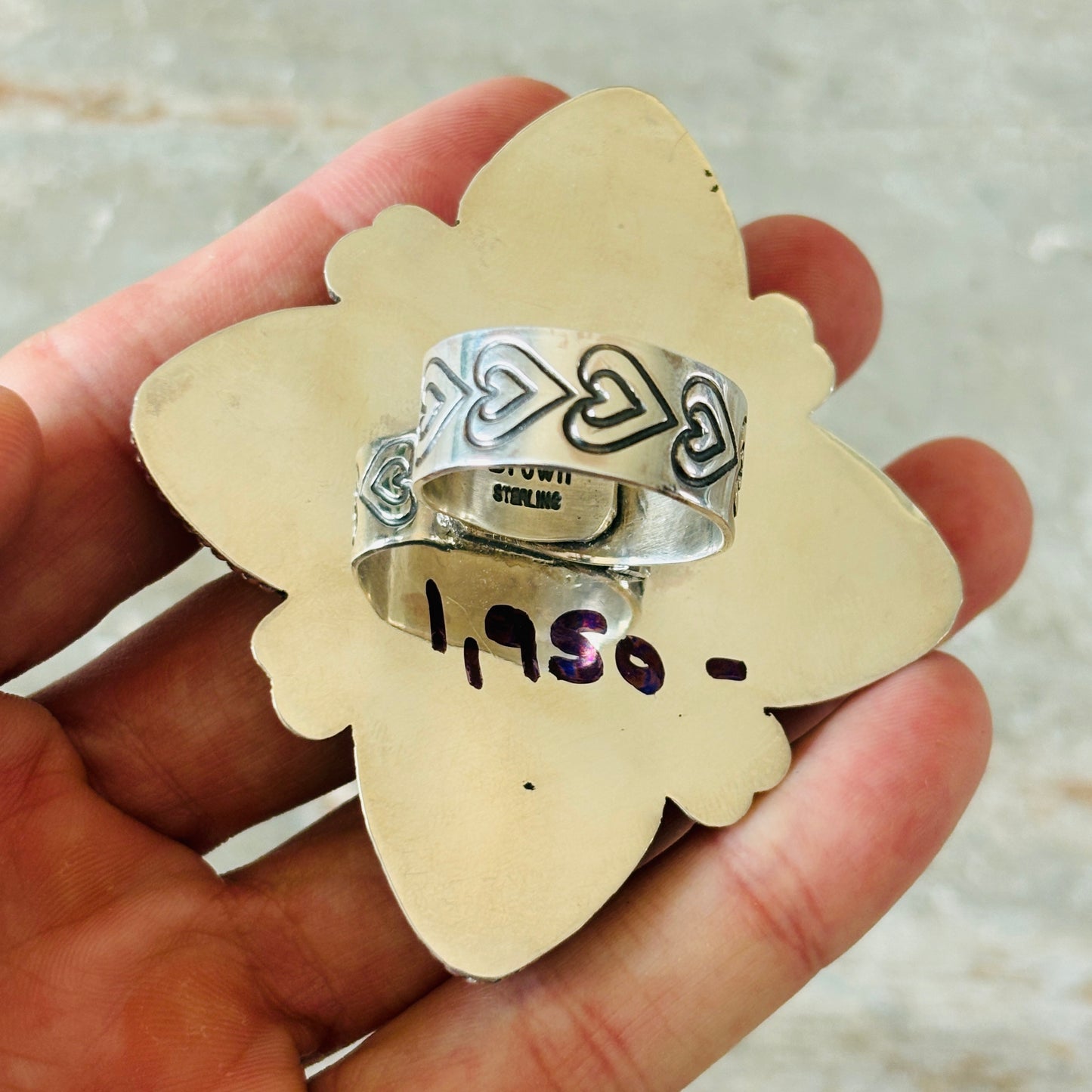 Navajo Hemerson Brown Sterling Silver - Abalone & Mojave Hearts Ring