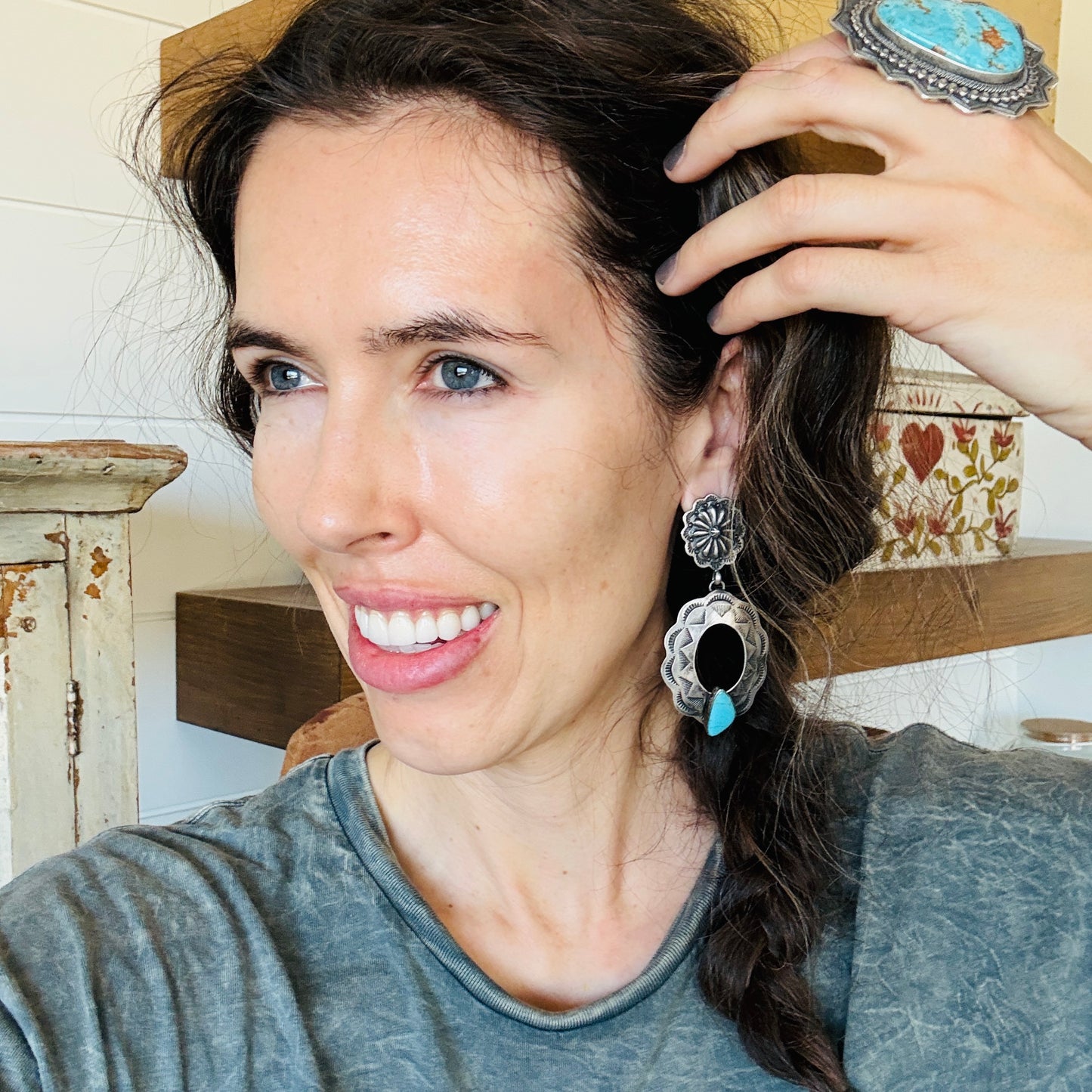 Navajo Mark B Begay Sterling Silver & Kingman Turquoise Concho Earrings