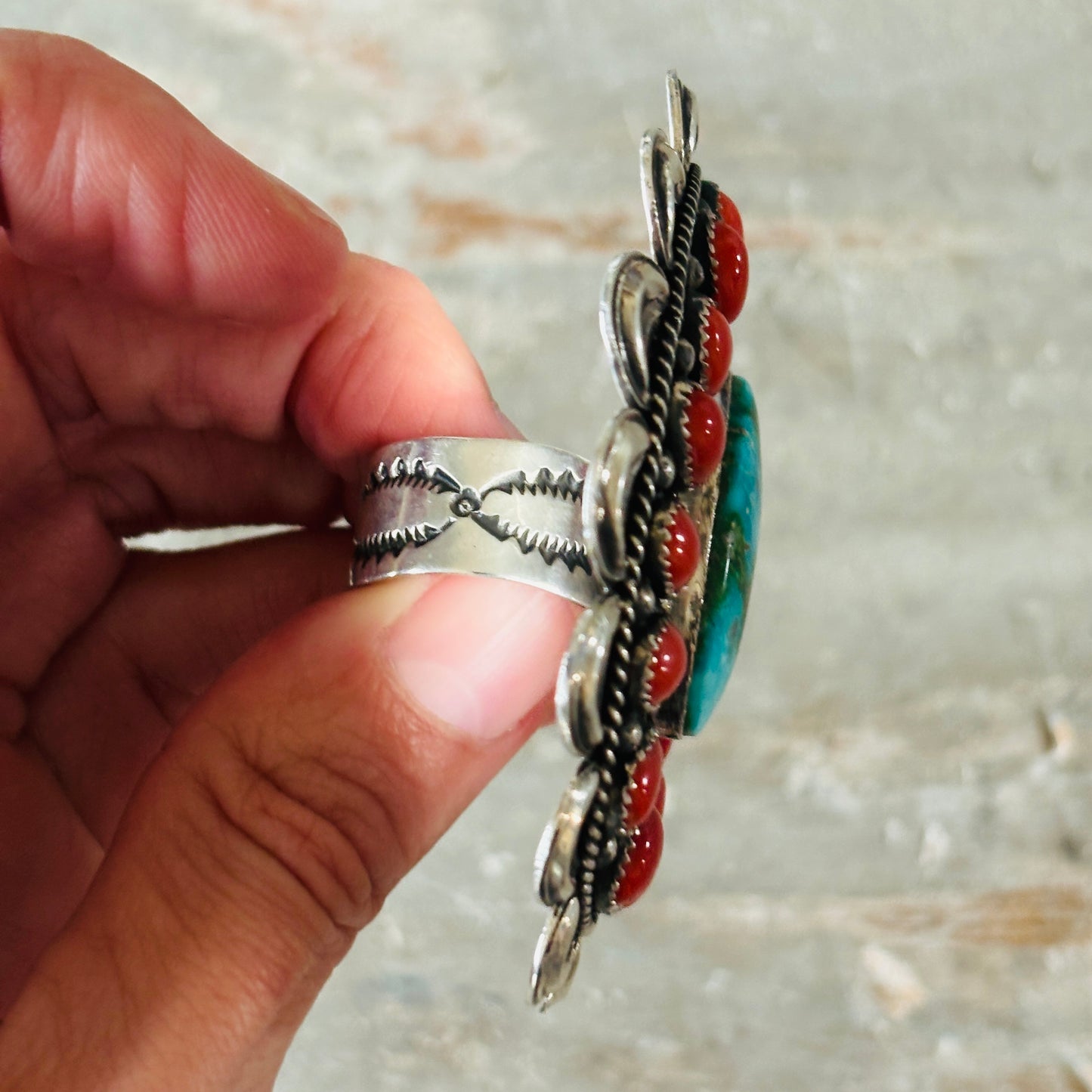 Navajo Hemerson Brown Sterling Silver - Red Coral & Sonoran Turquoise Cluster Statement Ring