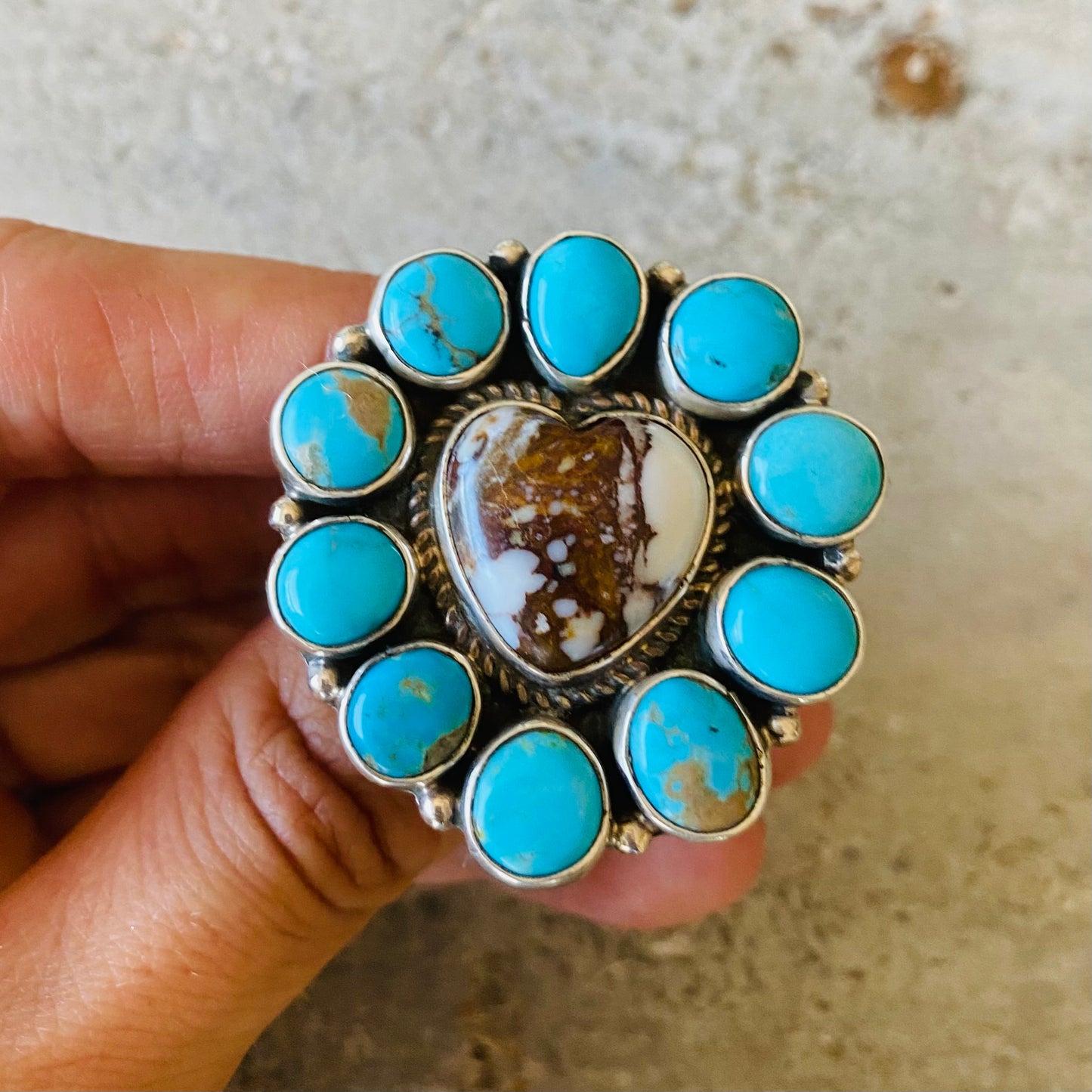 Navajo Geraldine James Sterling Silver - Wild Horse Jasper & Turquoise Heart Cluster Ring