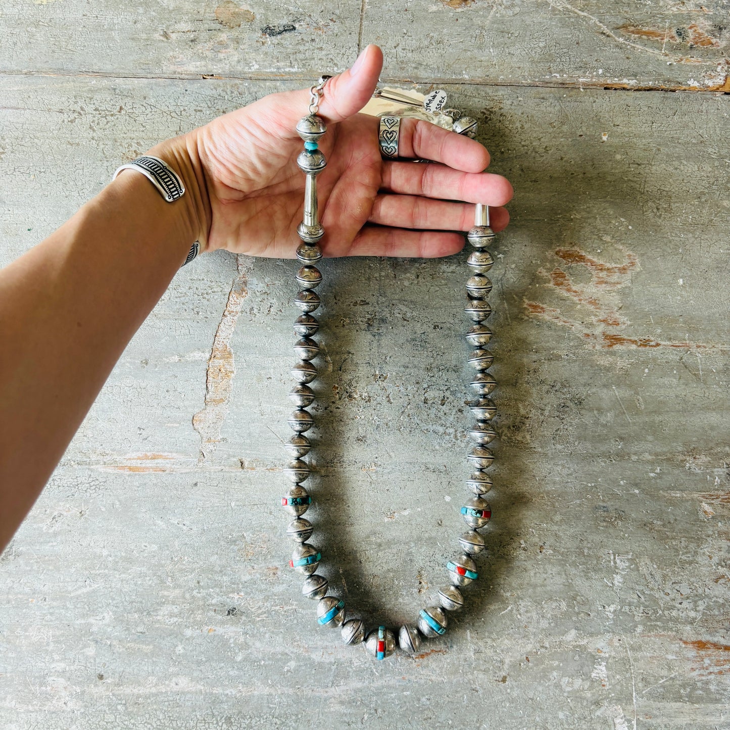 Navajo James McCabe Sterling Silver - Turquoise & Red Coral Inlay Liberty Dime Beads Necklace