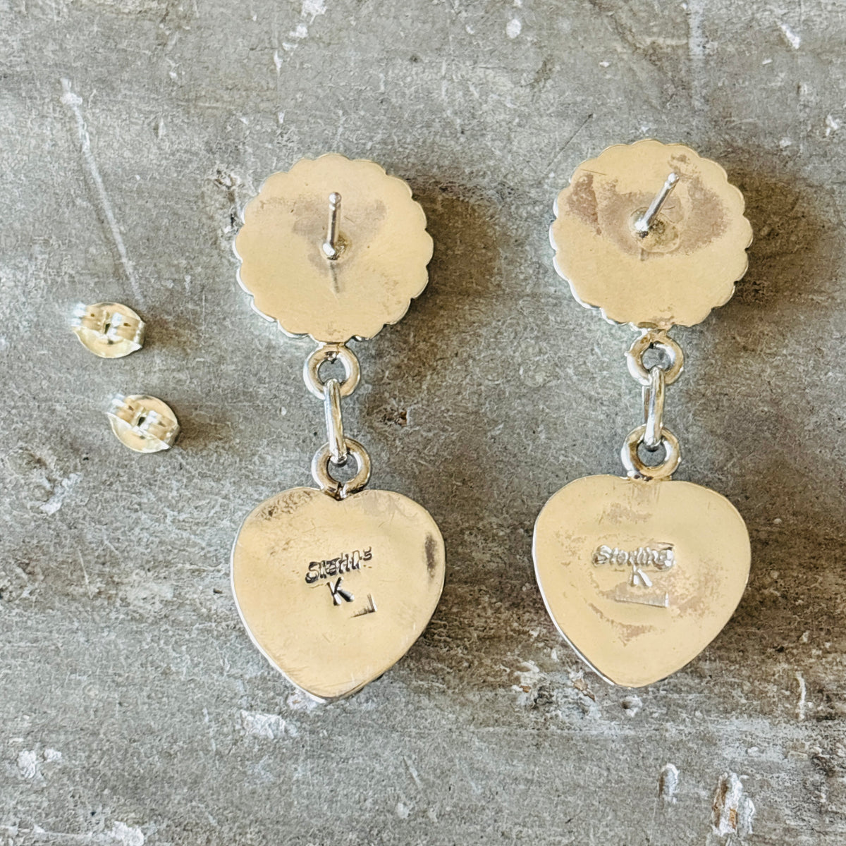 Navajo Signed Sterling Silver & Pink Conch Heart Earrings