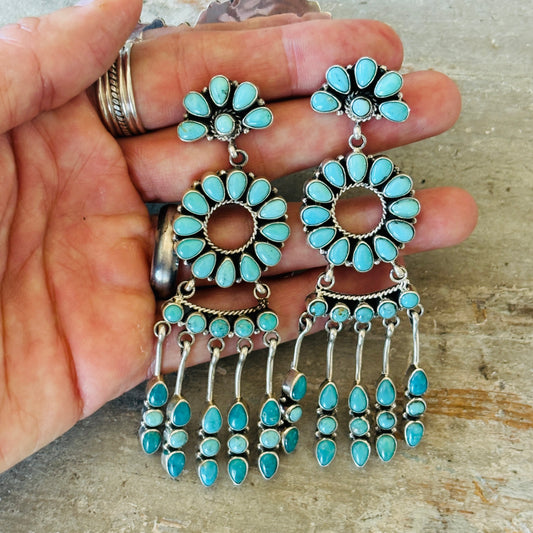 Navajo E Bahe Sterling Silver & Kingman Cluster Statement Earrings