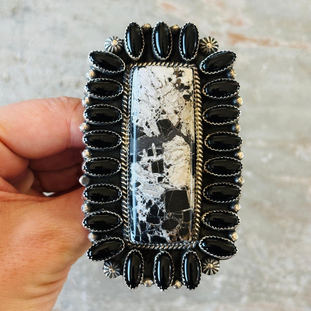 Navajo Hemerson Brown Sterling Silver & White Buffalo Cluster Statement Ring
