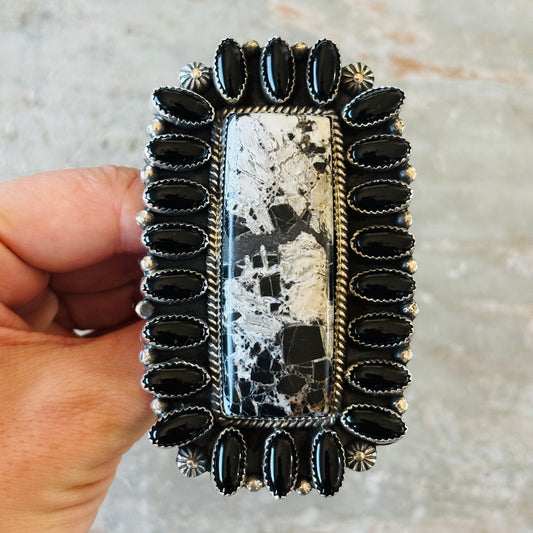 Navajo Hemerson Brown Sterling Silver & White Buffalo Cluster Statement Ring