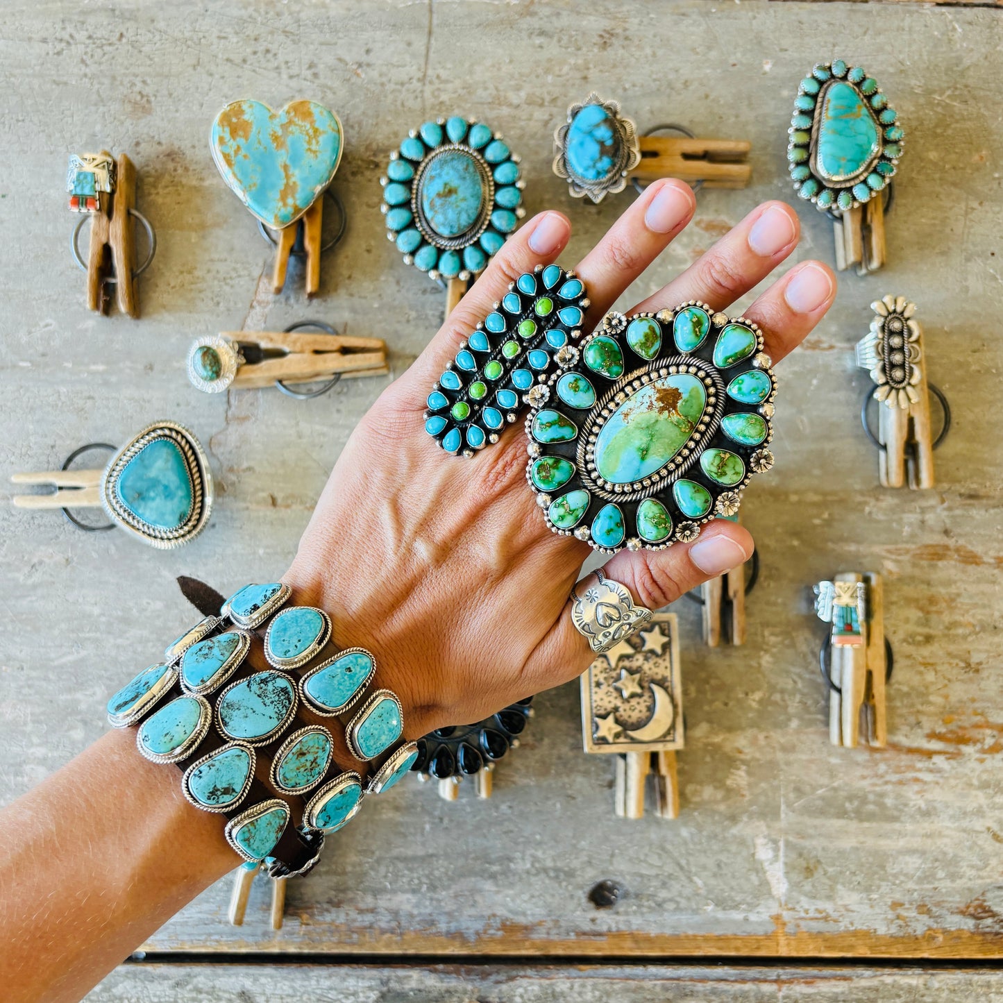 Navajo Hemerson Brown Sterling Silver - Green Mojave & Kingman Turquoise Cluster Ring