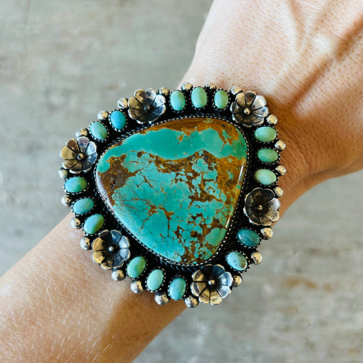 Navajo Marcus Chavez Sterling Silver & Kingman Turquoise Floral Statement Cuff