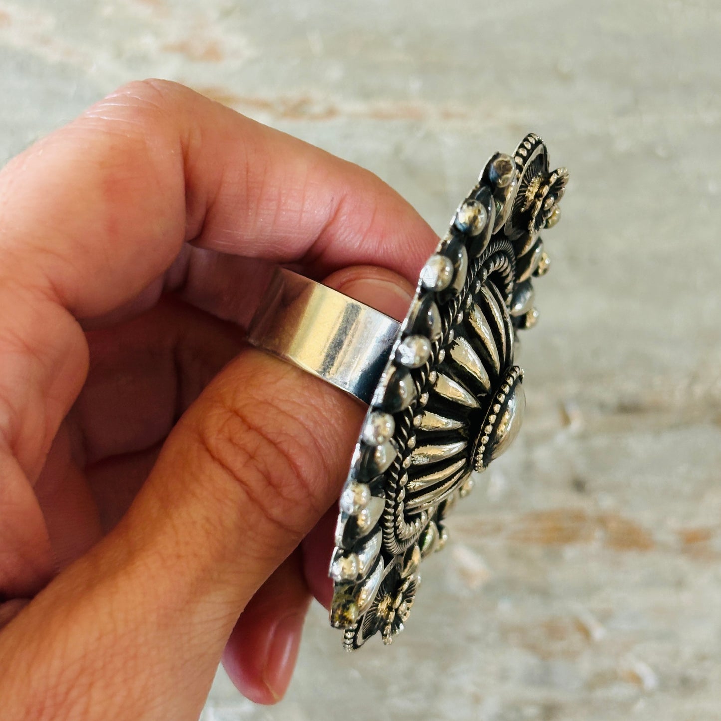 Navajo Hemerson Brown Sterling Silver Concho Statement Ring