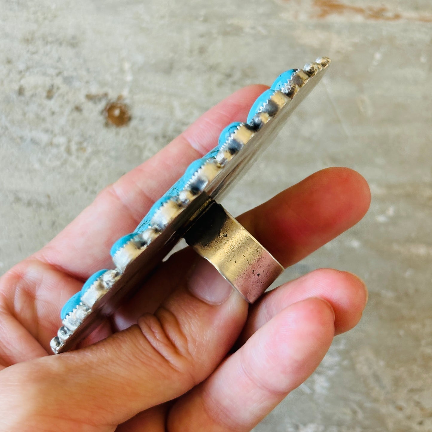 Navajo Kindale Billah Sterling Silver & Kingman Cluster Statement Ring