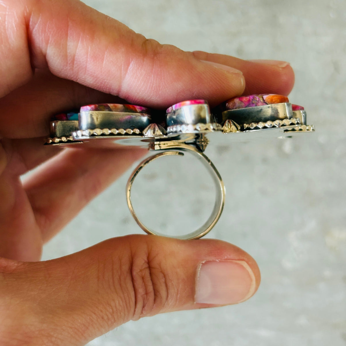 Navajo Hemerson Brown Sterling Silver & Pink Dahlia Mojave Cluster Ring