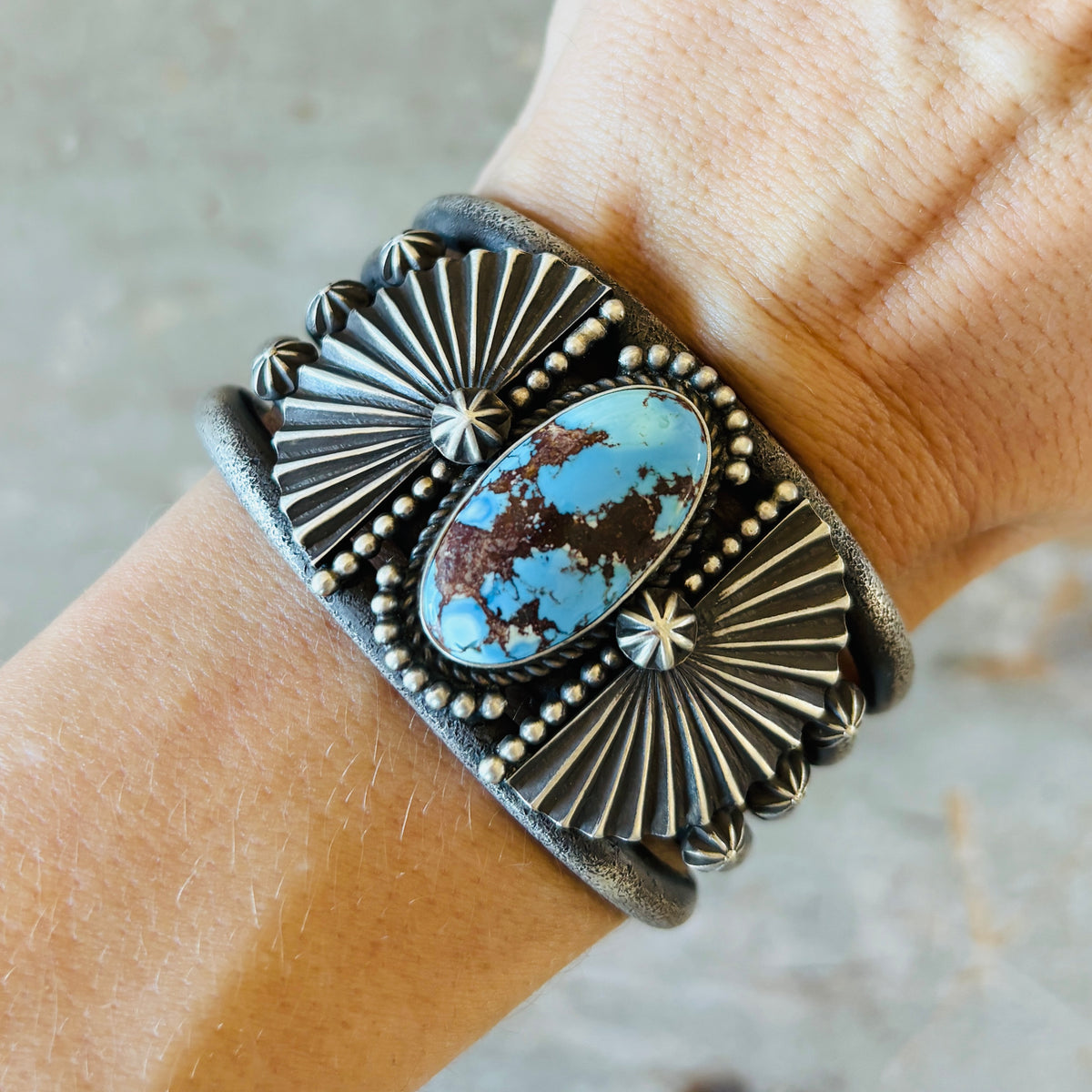Navajo Herman Smith Sterling Silver & Golden Hills Turquoise Tufa Cast Cuff