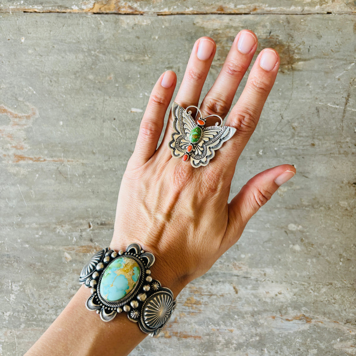 Navajo Lee Charley Sterling Silver - Red Coral & Sonoran Turquoise Butterfly Ring