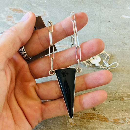 Navajo Mildred Parkhurst Sterling Silver & Black Onyx Triangle Pendant Necklace