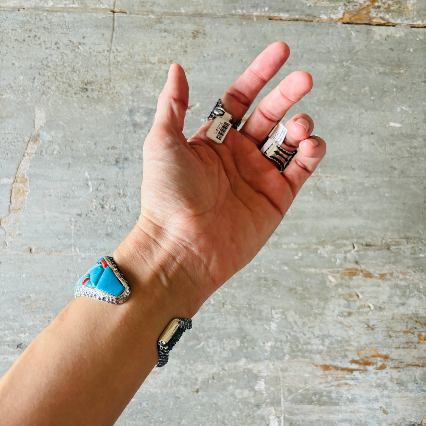 Navajo Lester James Sterling Silver - Red Coral & Kingman Turquoise Cobblestone Cuff