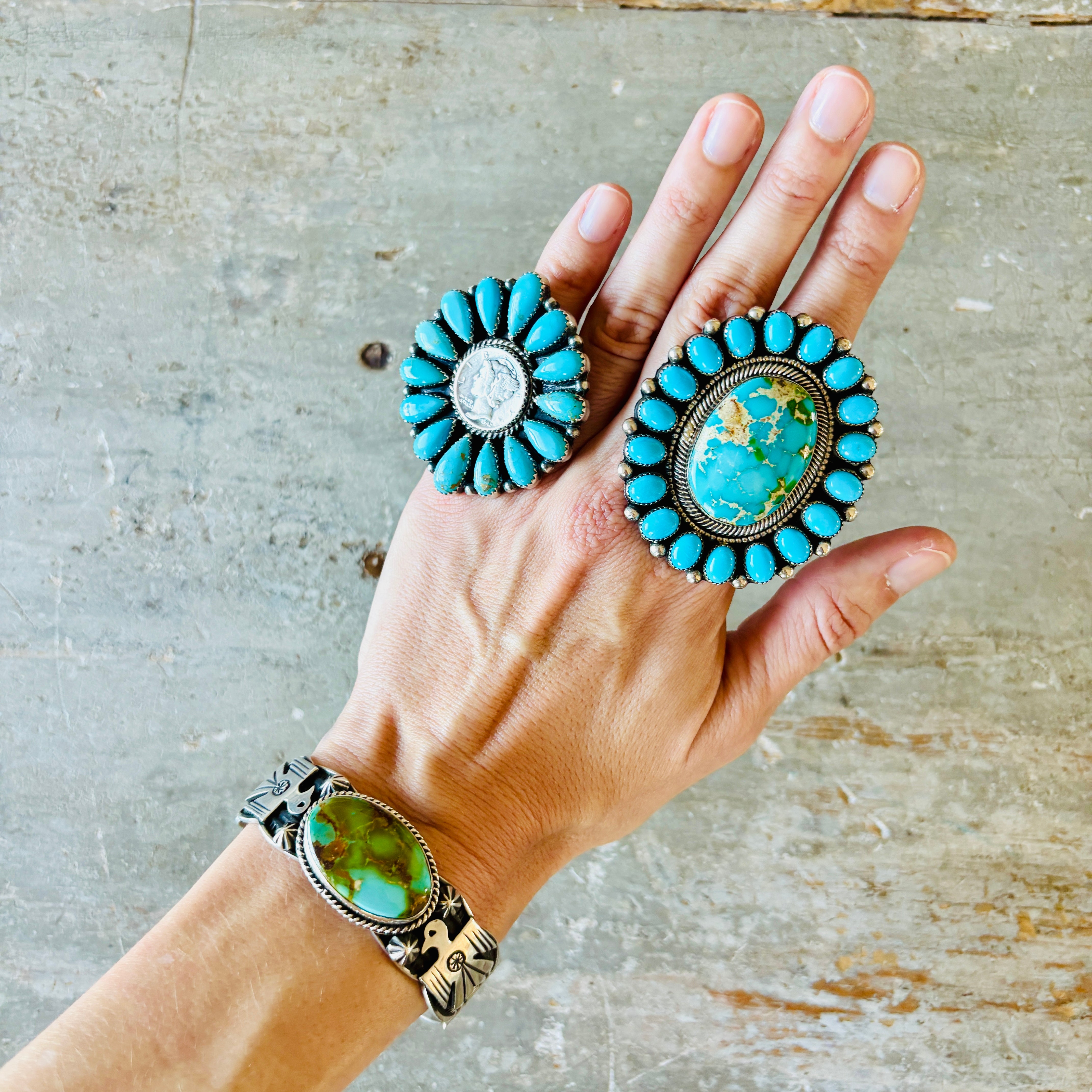 【美品】Navajo Andy Cadman 3連コンチョ バングル Navajo Andy Cadman Sterling Silver & Turquoise Thunderbird Cuff