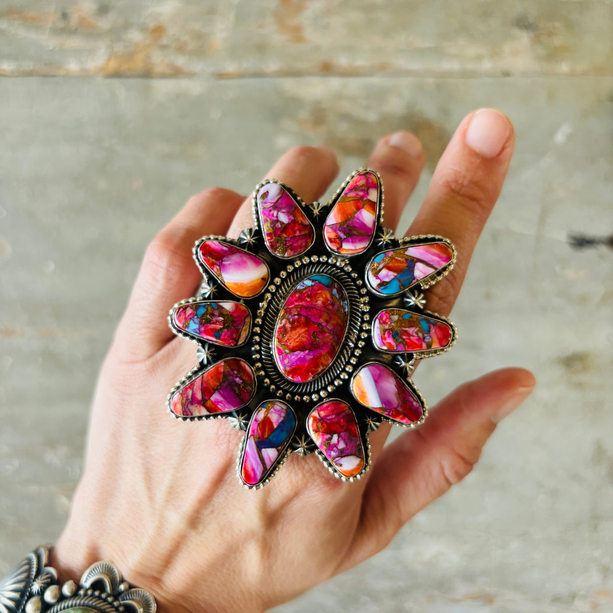 Navajo Hemerson Brown Sterling Silver & Pink Dahlia Mojave Cluster Ring