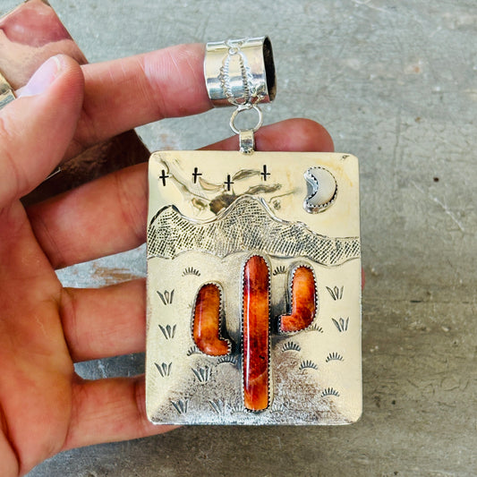 Navajo Hemerson Brown Sterling Silver - Shell & Orange Spiny Oyster Cactus Pendant!
