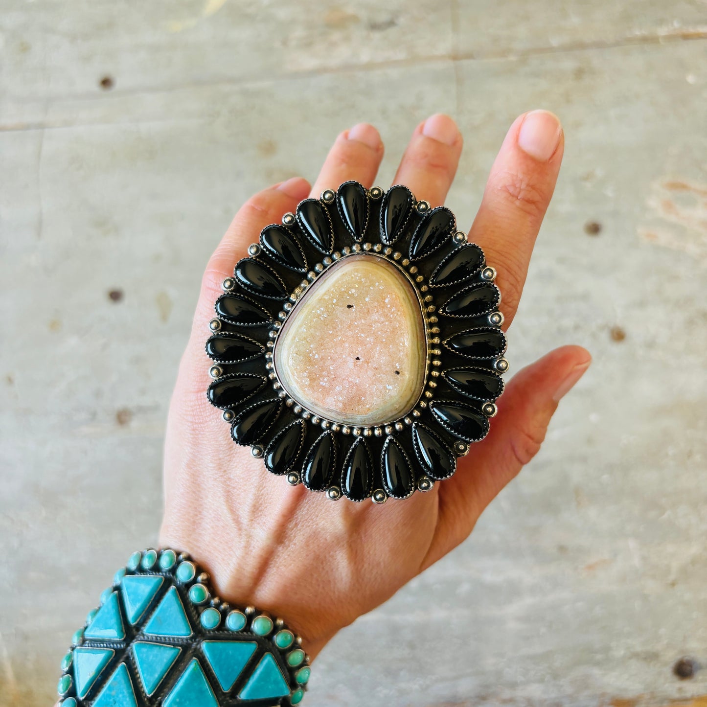 Navajo Hemerson Brown Sterling Silver - Druzy & Black Onyx Cluster Ring