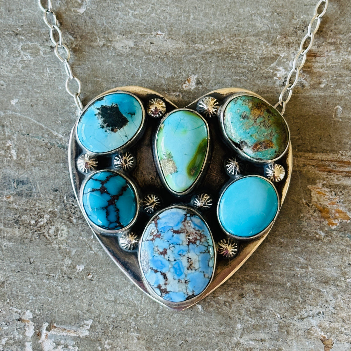 Navajo Freddy Platero Sterling Silver & Mixed Turquoise Cluster Heart Necklace