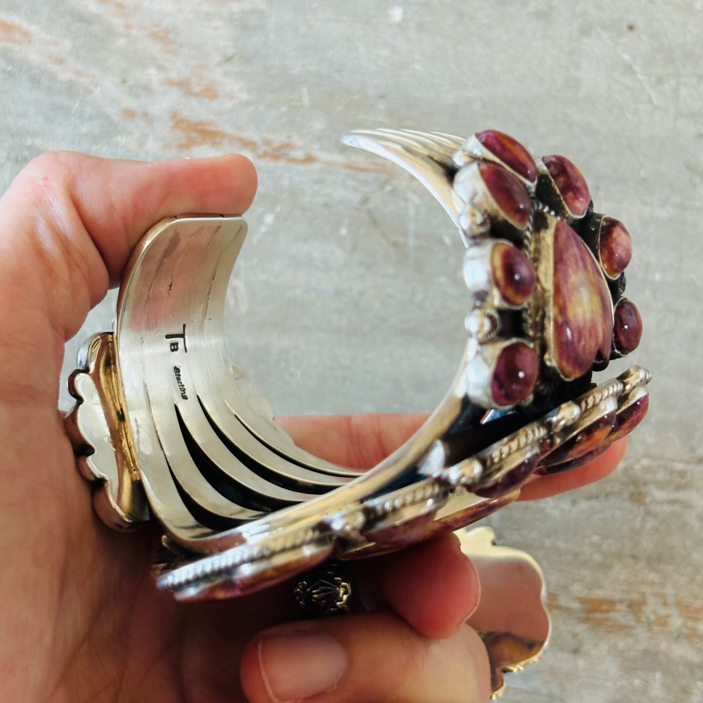 Navajo Tyler Brown Sterling Silver & Purple Spiny Hearts Statement Cuff