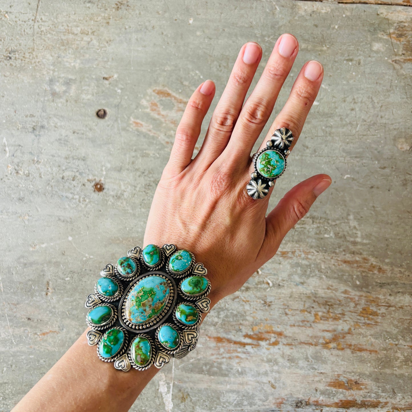 Navajo Mary Ellen Sterling Silver & Sonoran Turquoise Starburst Ring