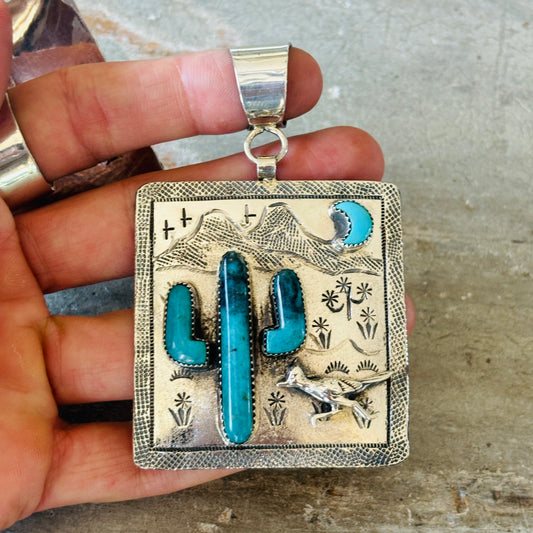 Navajo Hemerson Brown Sterling Silver & Kingman Turquoise Cactus Pendant