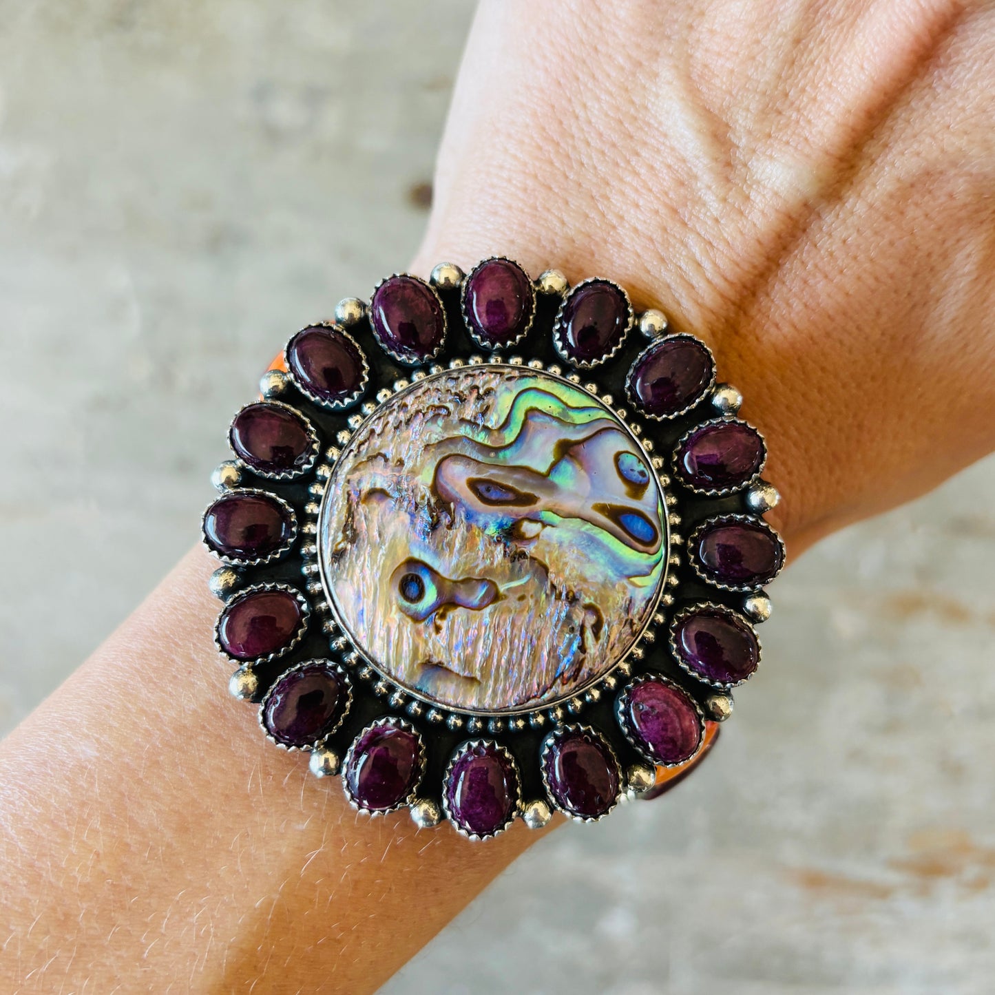 Navajo Hemerson Brown Sterling Silver - Abalone - Purple & Orange Spiny Cluster Cuff