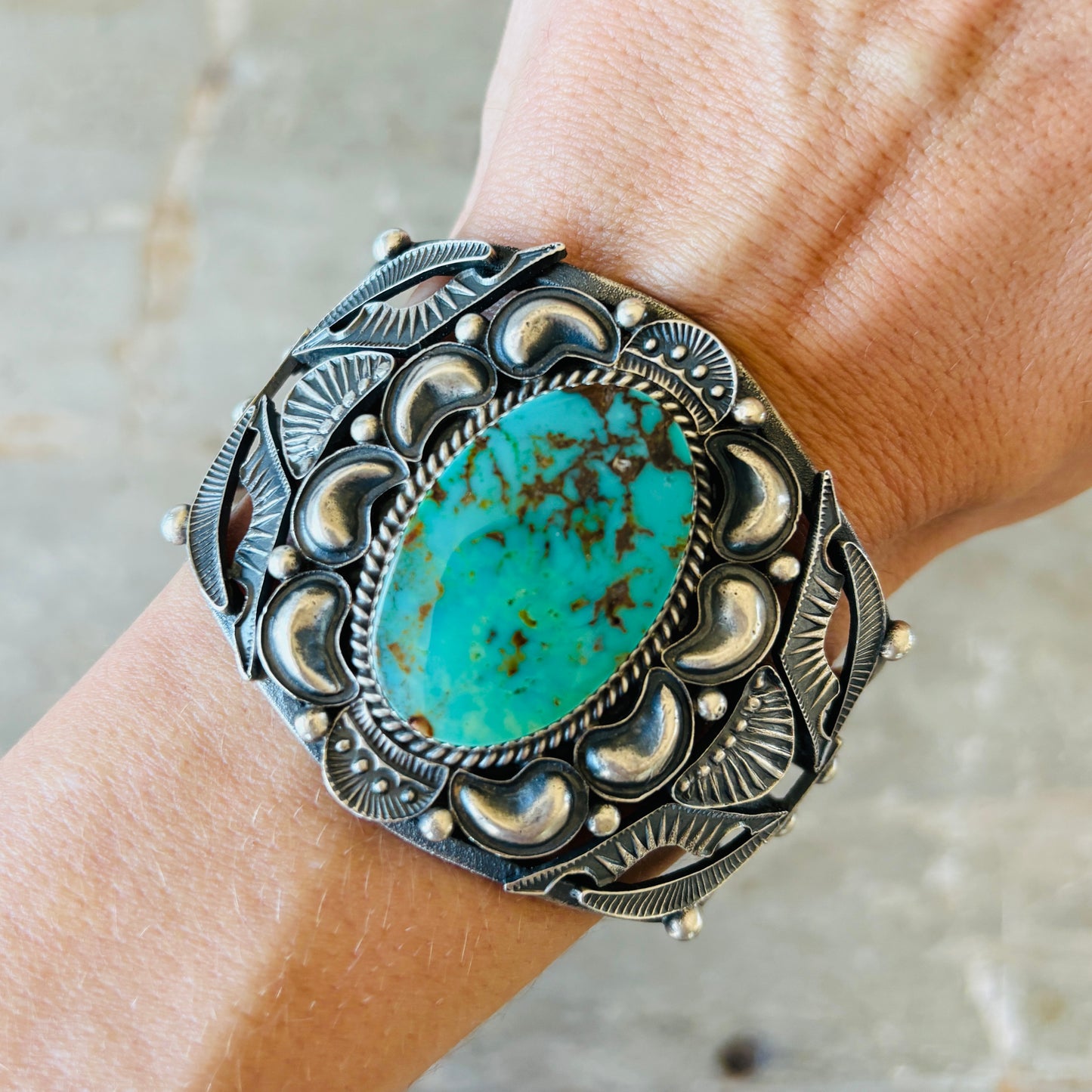 Navajo Kevin Billah Sterling Silver & Kingman Turquoise Statement Cuff